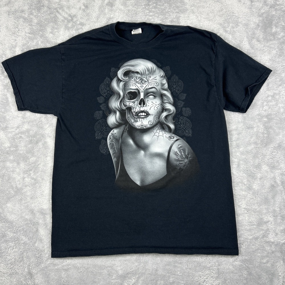 Vintage Men's XL Marilyn Monroe Tattoo Skull Skeleton Black T Shirt Zombie